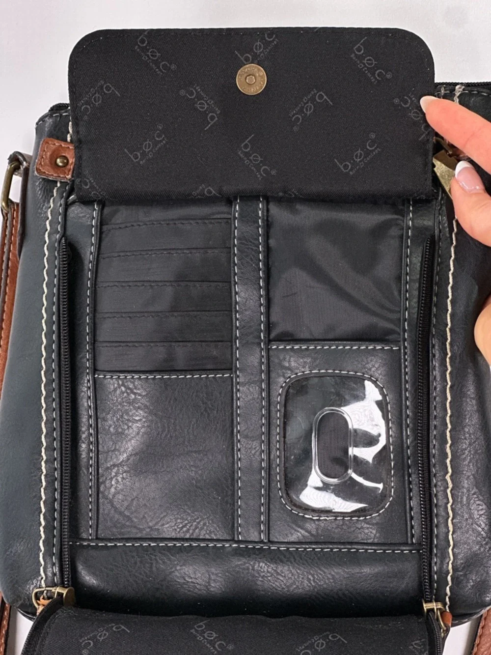 B.O.C. Organizer Crossbody Bag Built In Wallet Faux Leather Black Brown Medium